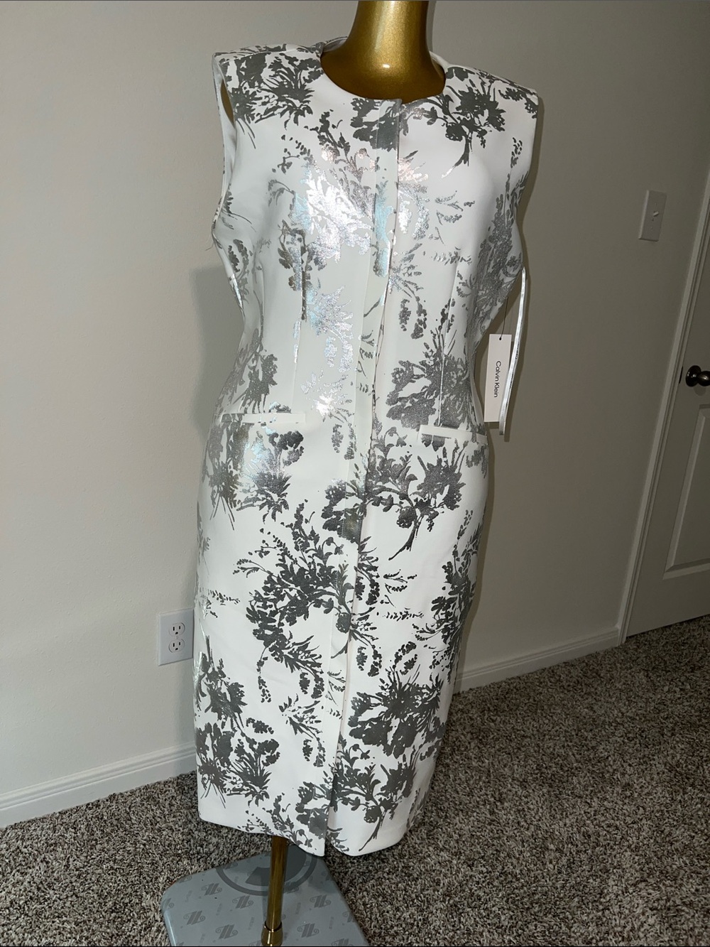 Calvin Klein White Midi Dress with Gray Floral Print